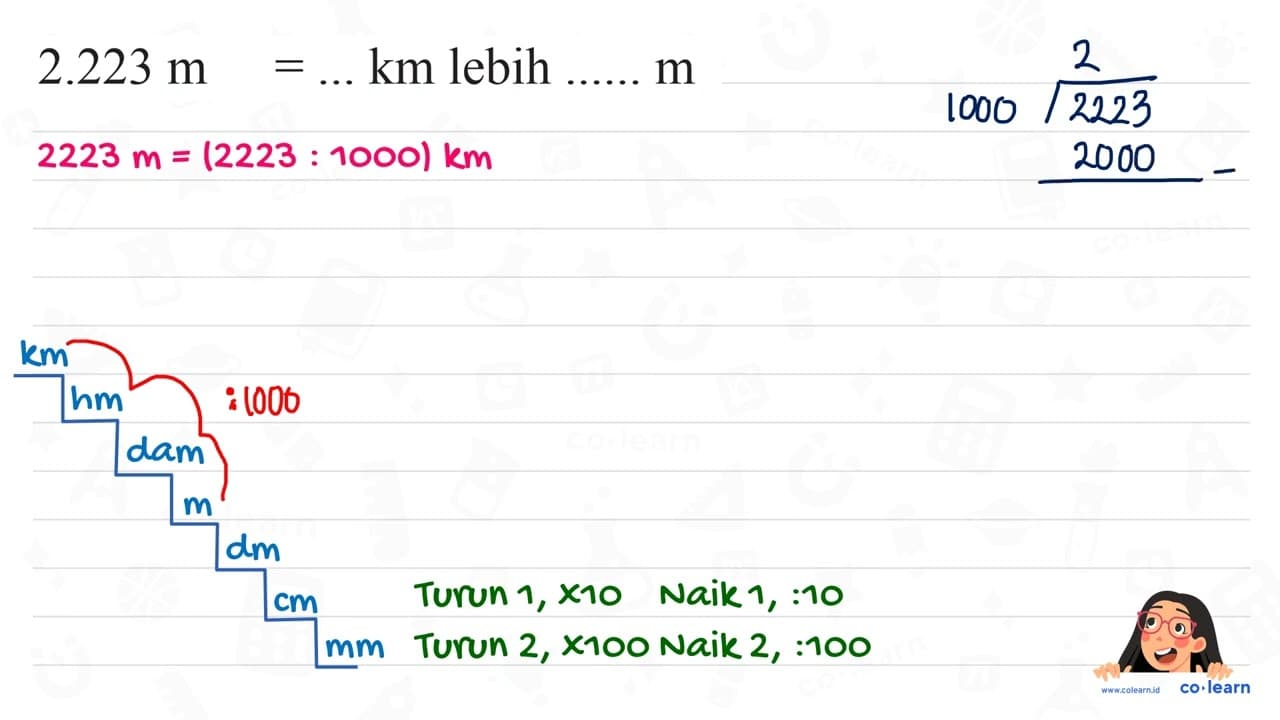 2.223 m=... km lebih...... m