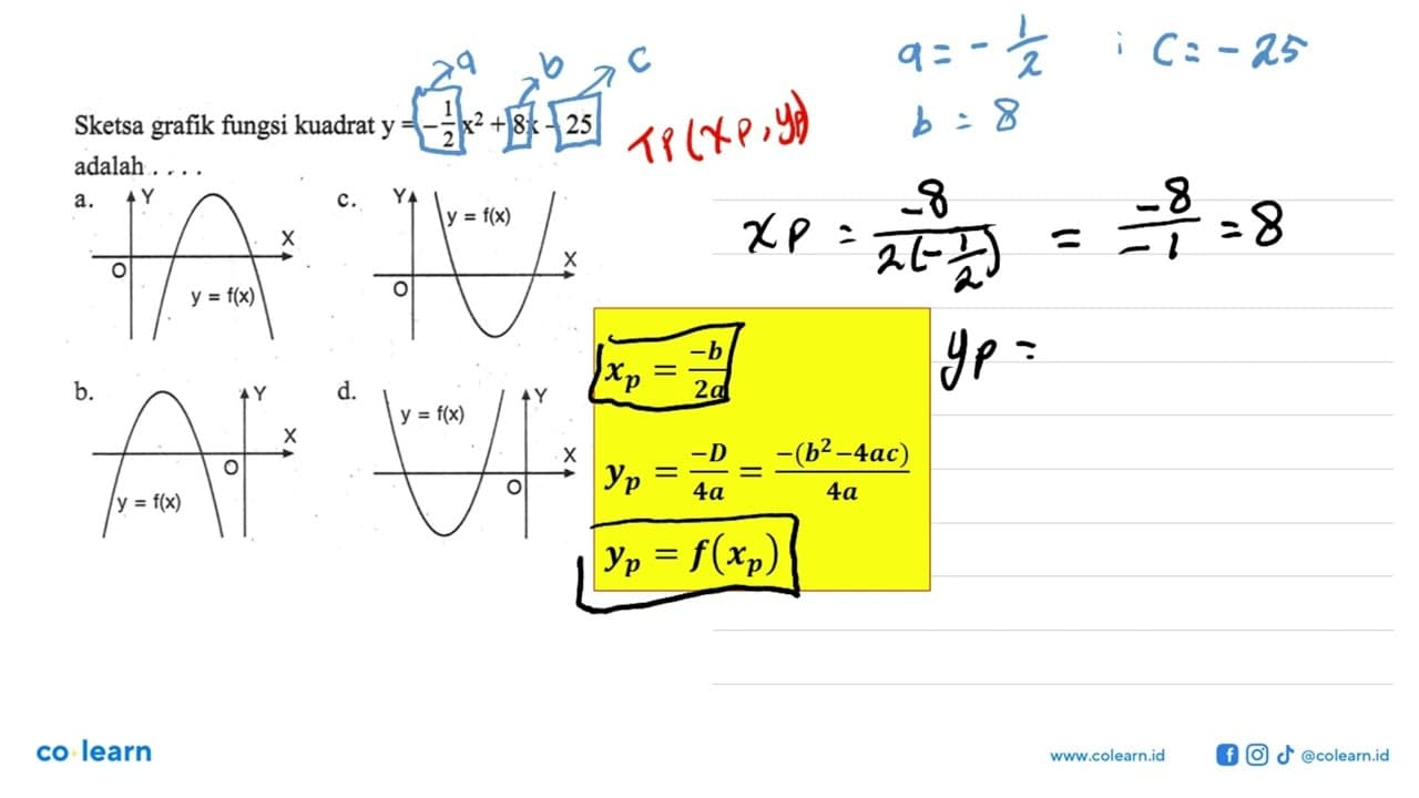 1 Sketsa grafik fungsi kuadrat y =-1/2 X^2 + 8x-25 adalah