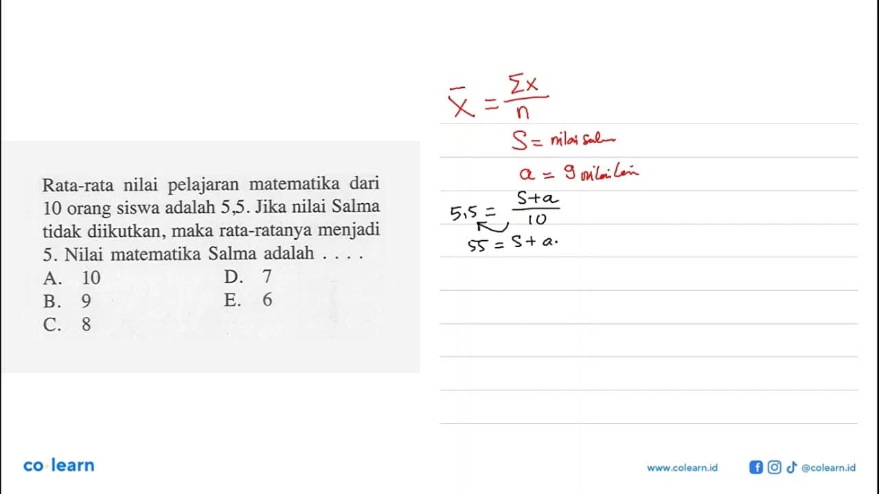 Rata-rata nilai pelajaran matematika dari 10 orang siswa