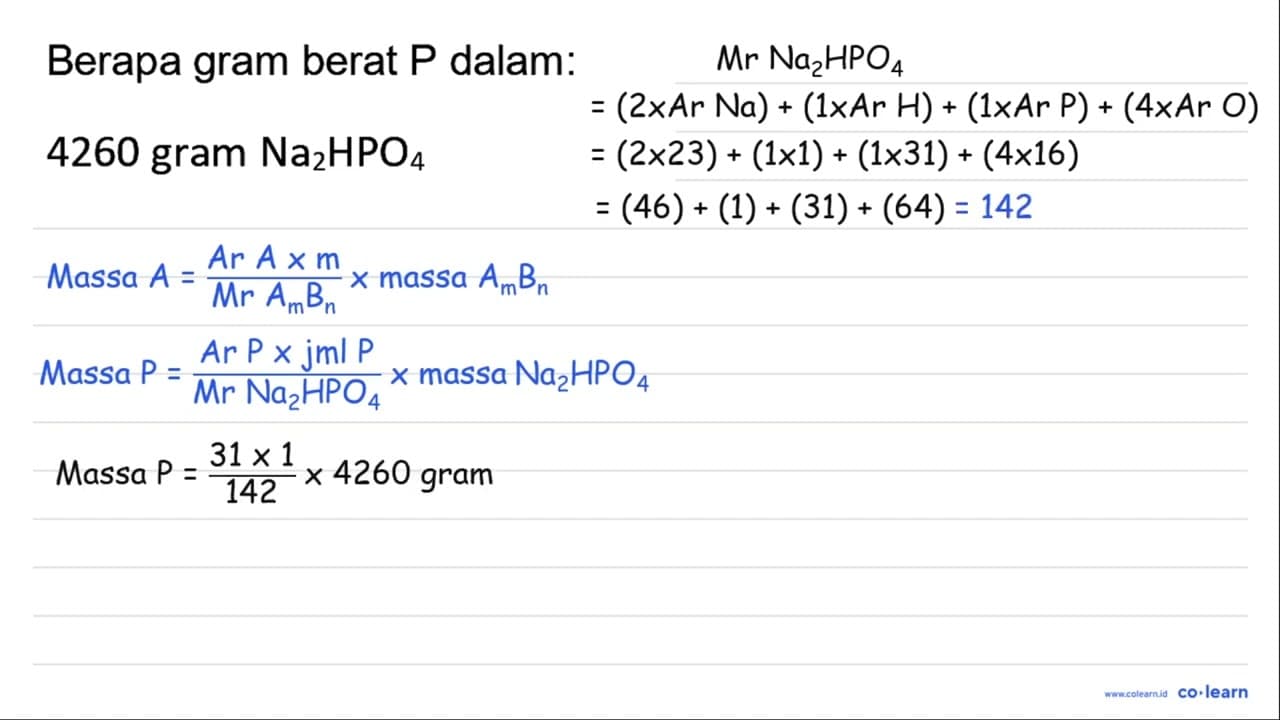 Berapa gram berat P dalam: 4260 { gram ) Na_(2) HPO_(4)