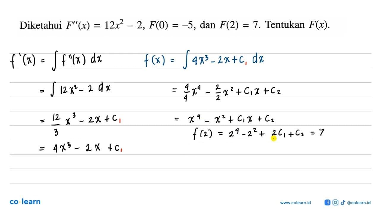 Diketahui F''(x)=12x^2-2, F(0)=-5, dan F(2)=7. Tentukan