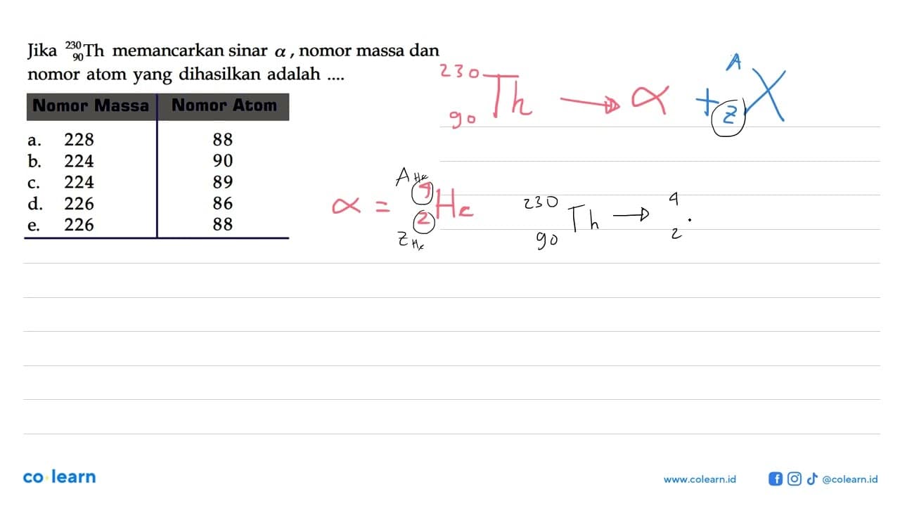 Jika 90 230 Th memancarkan sinar a, nomor massa dan nomor
