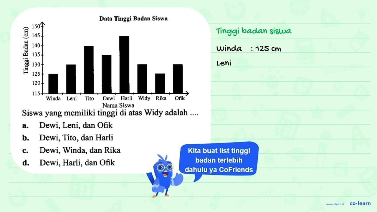 Siswa yang memiliki tinggi di atas Widy adalah .... a.