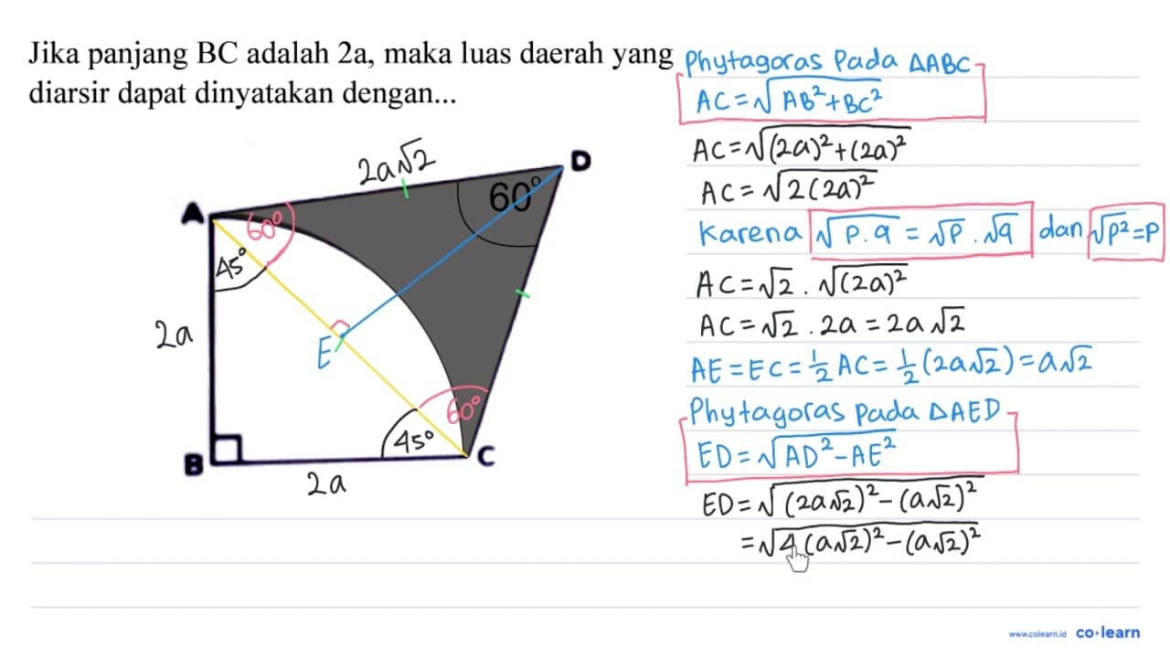 Jika panjang BC adalah 2 a , maka luas daerah yang diarsir