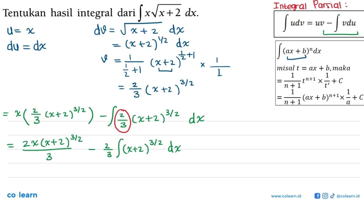 Tentukan hasil integral dari integral x akar(x+2) dx