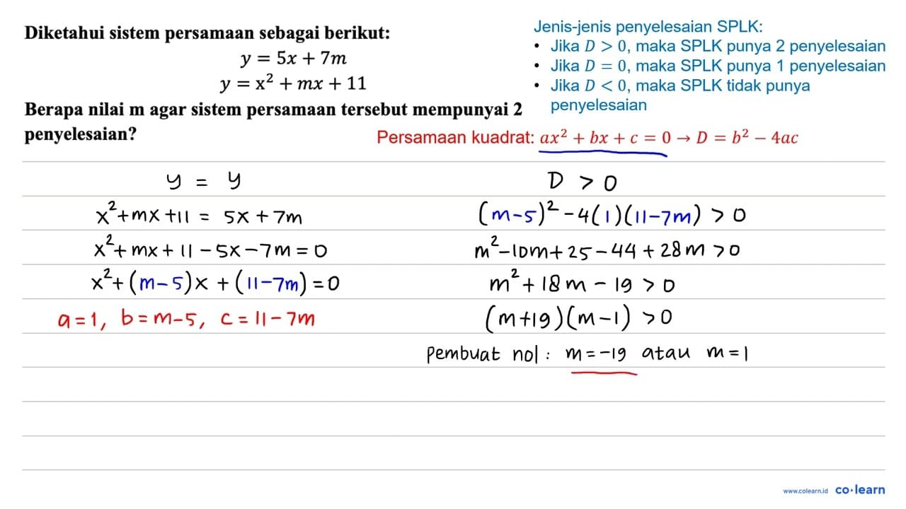 Diketahui sistem persamaan sebagai berikut: y=5 x+7 m