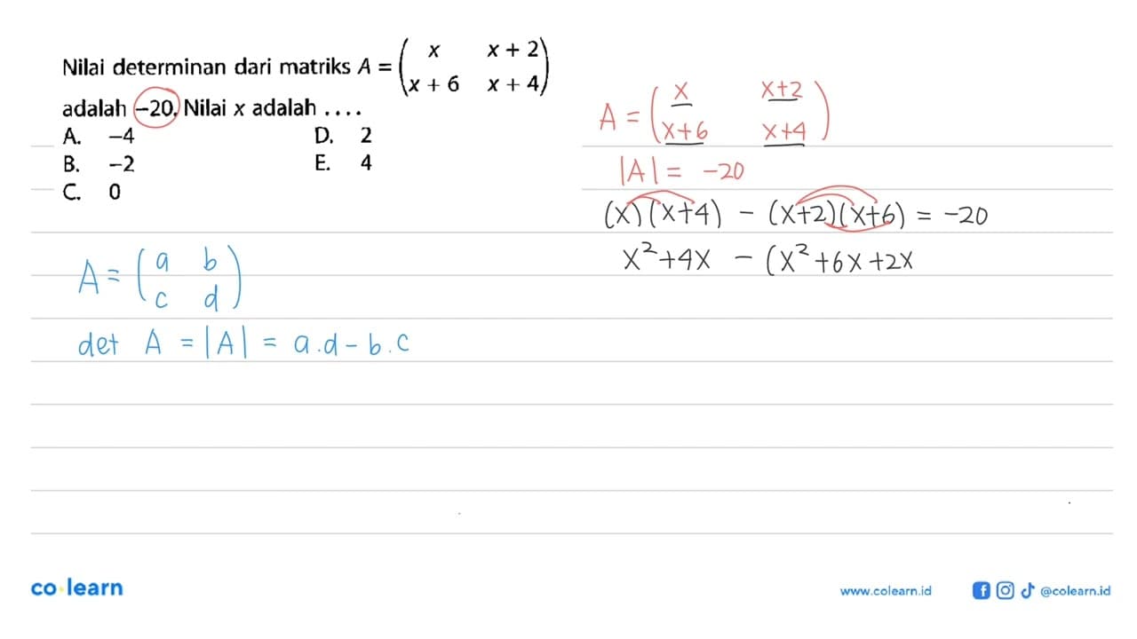 Nilai determinan dari matriks A=(x x+2 x+6 x+4) adalah -20.