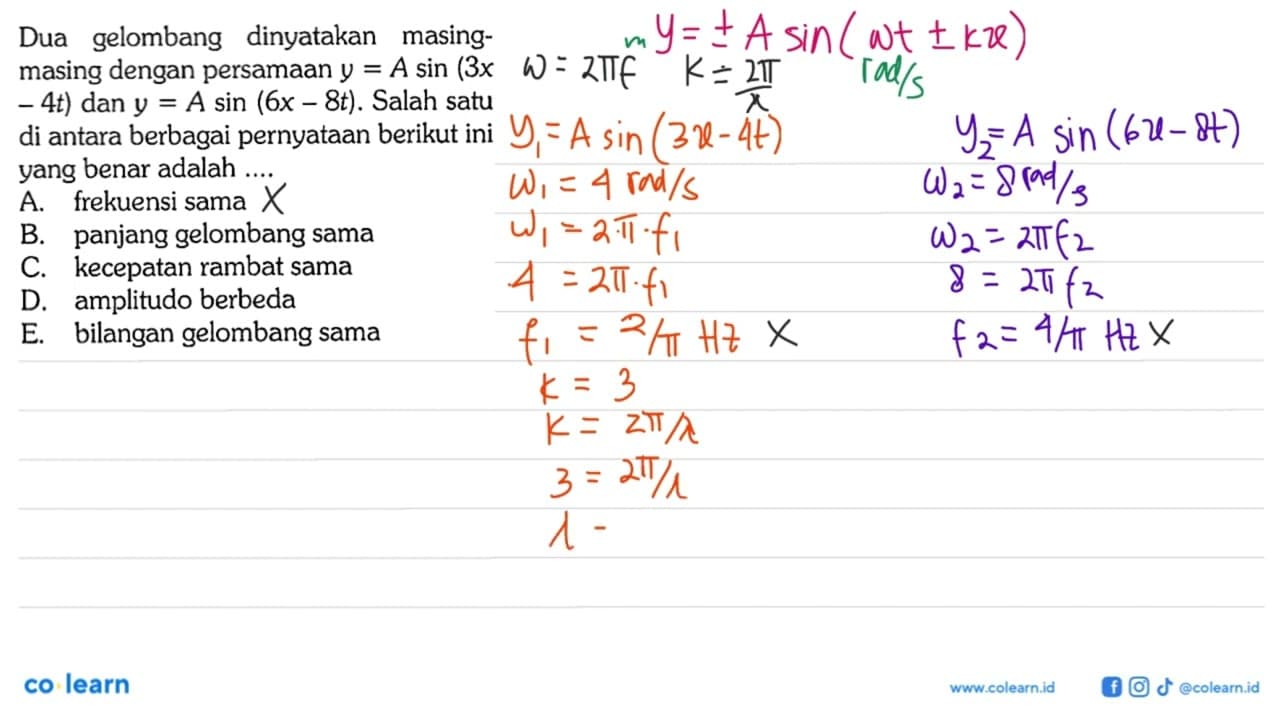 Dua gelombang dinyatakan masing-masing dengan persamaan y=A