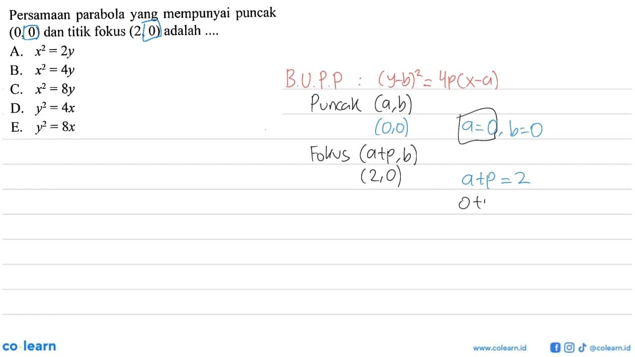 Persamaan parabola yang mempunyai puncak (0, 0) dan titik