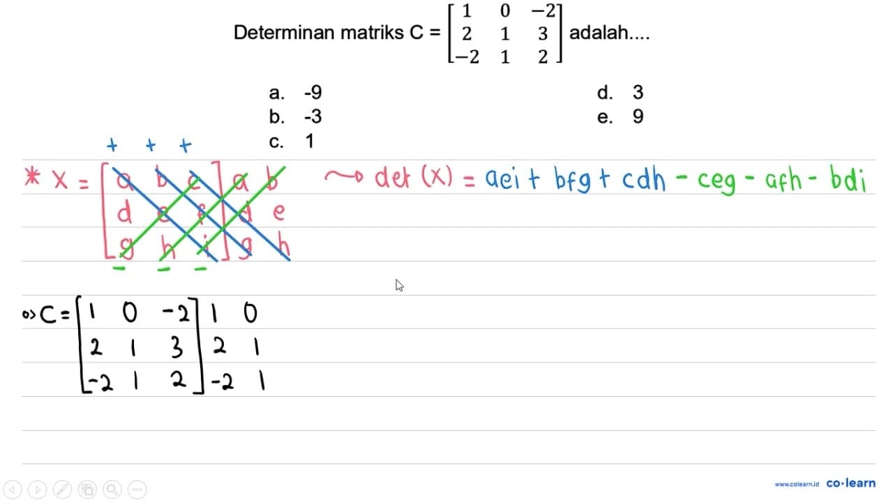 Determinan matriks C=[1 0 -2 2 1 3 -2 1 2] adalah....