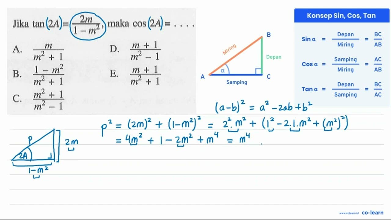 Jika tan 2A=2m/(1-m^2), maka cos 2A=...