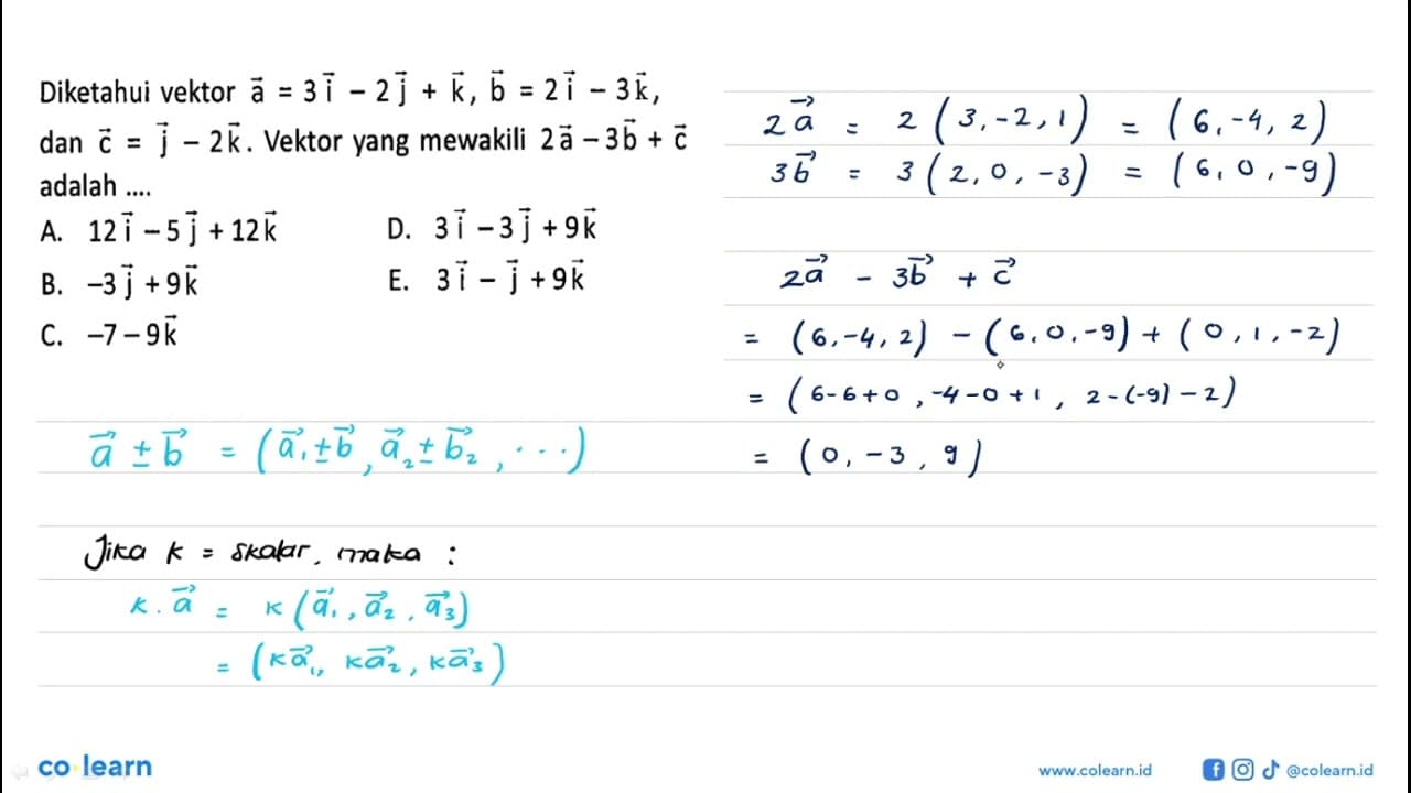 Diketahui vektor a=3i-2j+k, vektor b=2i-3k dan vektor