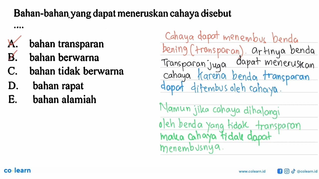 Bahan-bahan yang dapat meneruskan cahaya disebutA. bahan