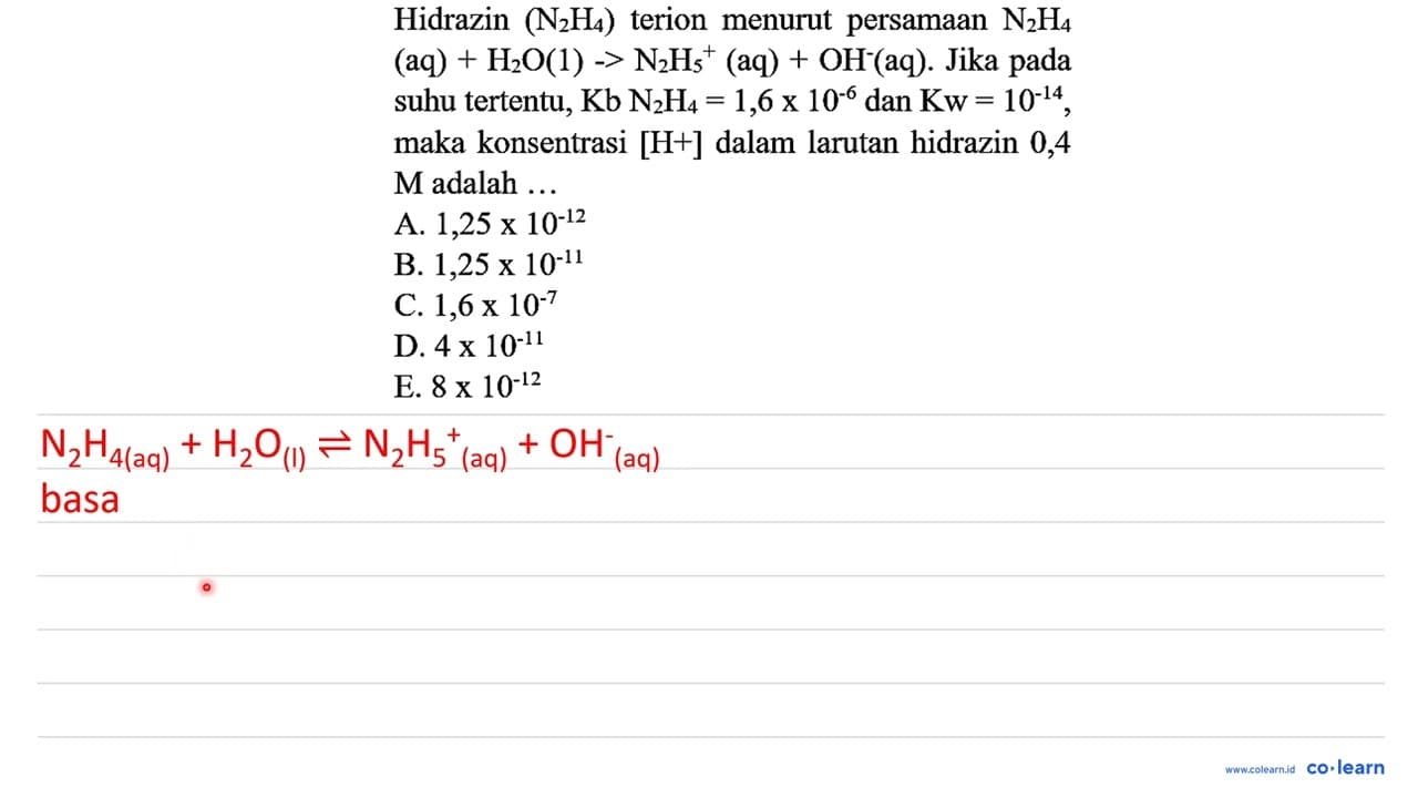 Hidrazin (N_(2) H_(4)) terion menurut persamaan N_(2) H_(4)