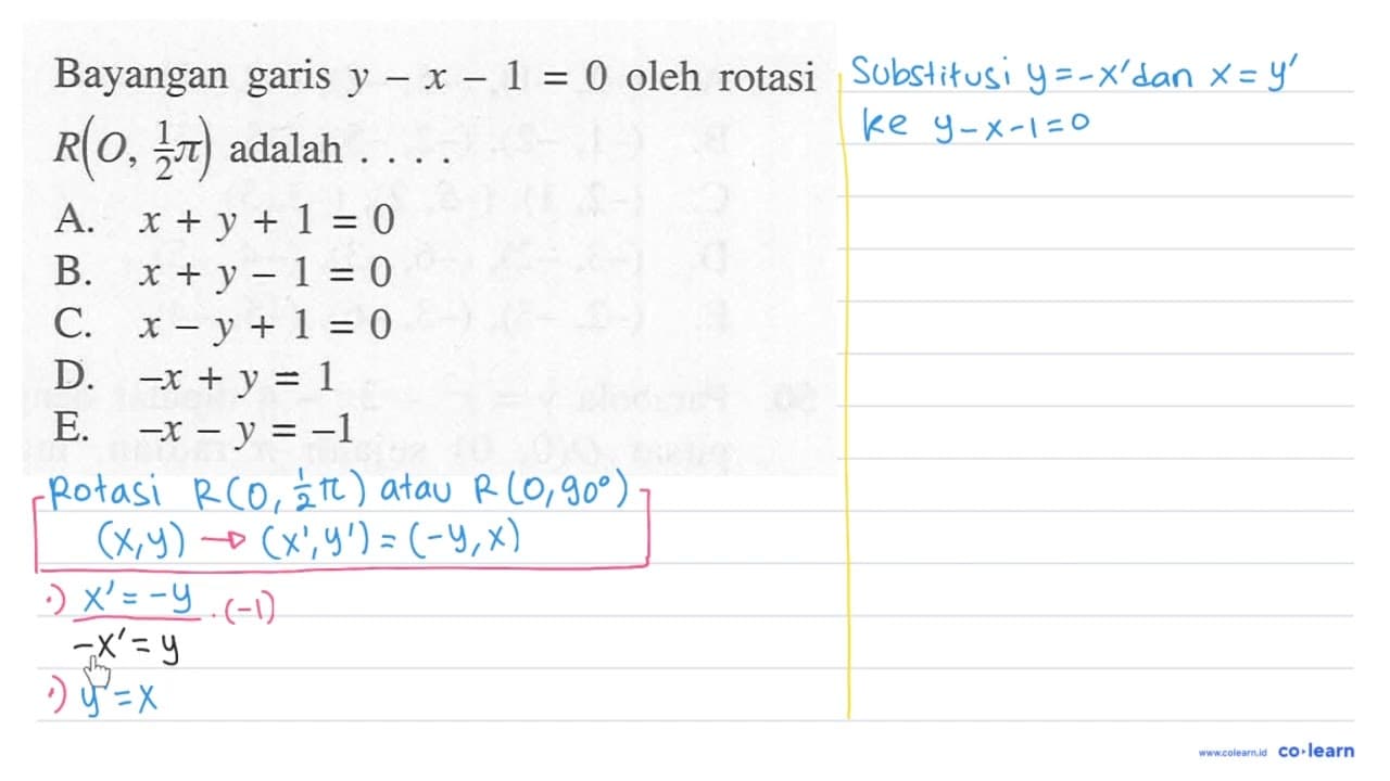 Bayangan garis y-x-1 = 0 oleh rotasi R(O, 1/2 pi)