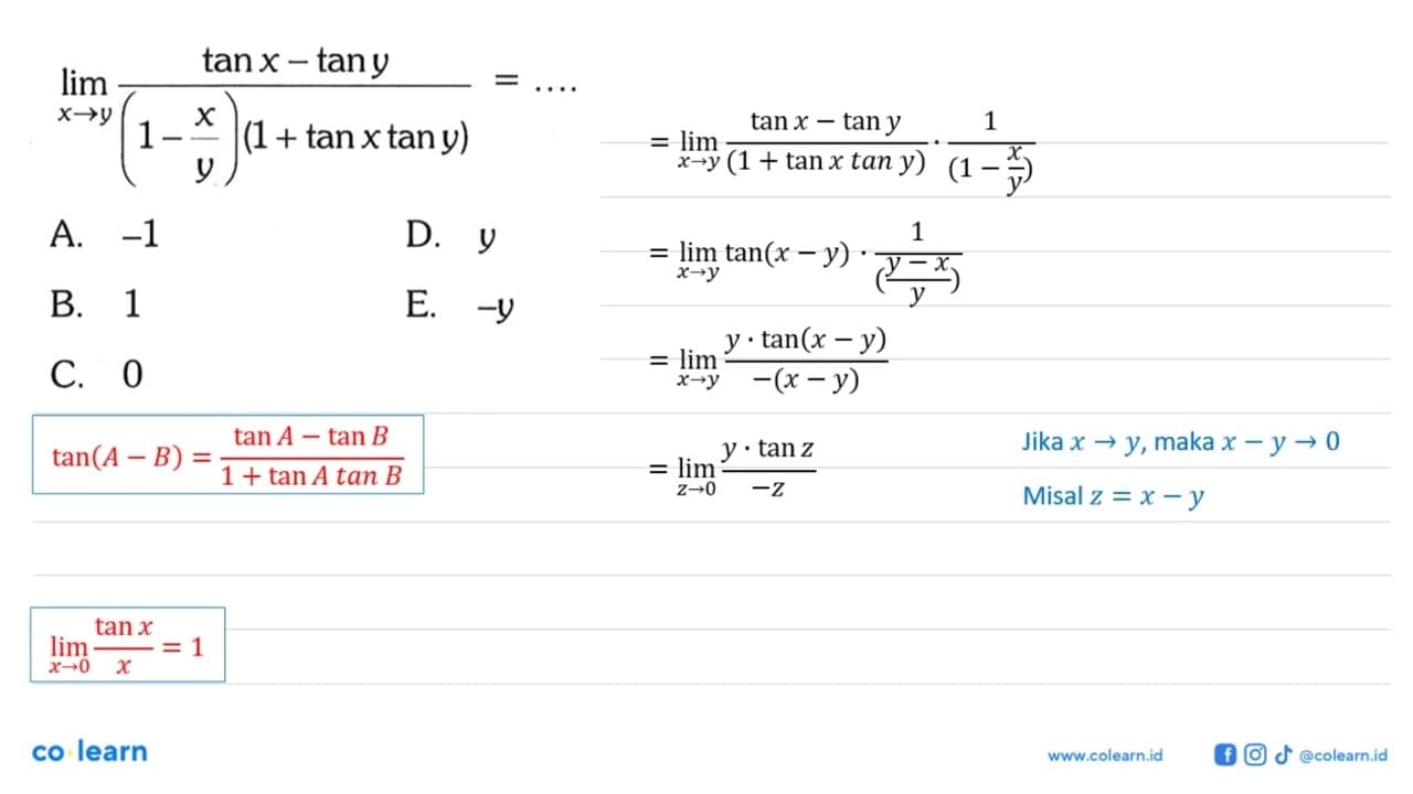 limit x->y (tan x-tan y)/(1- x/y)(1+tan x tan y)=...