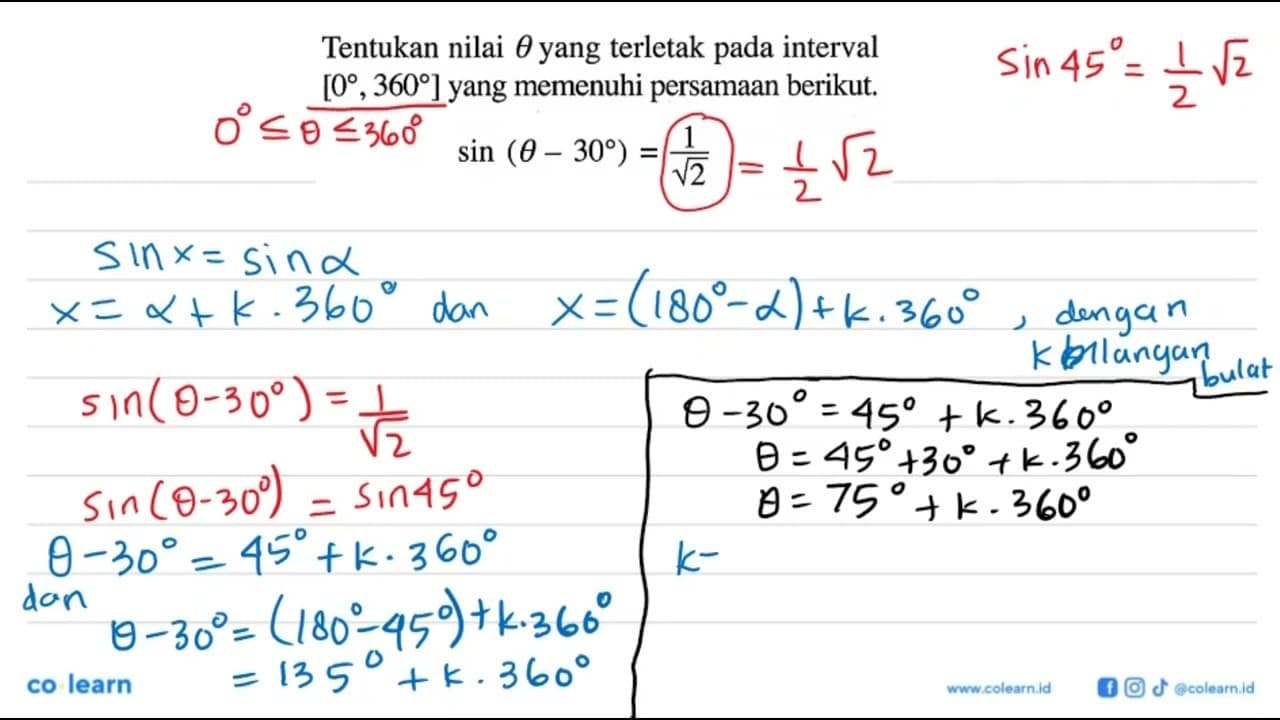 Tentukan nilai theta yang terletak pada interval [0, 360]