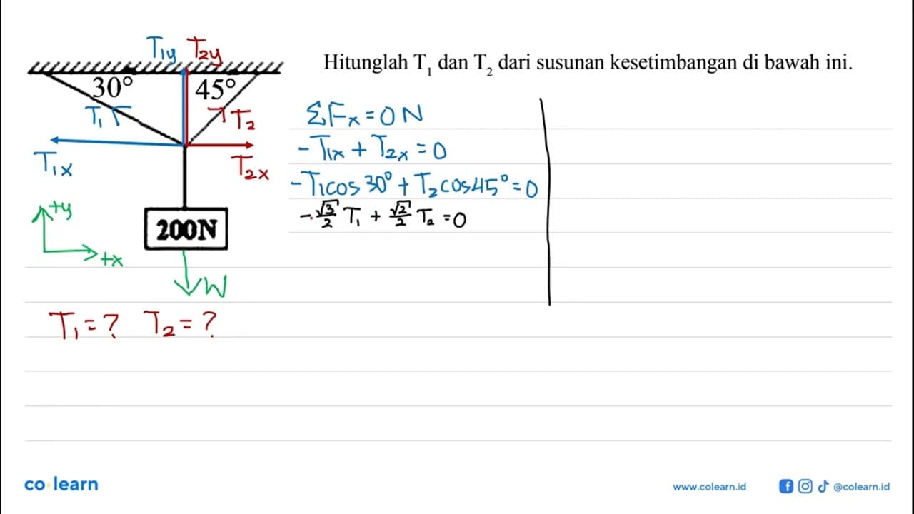 30 45 200 N Hitunglah T1 dan T2 dari susunan kesetimbangan