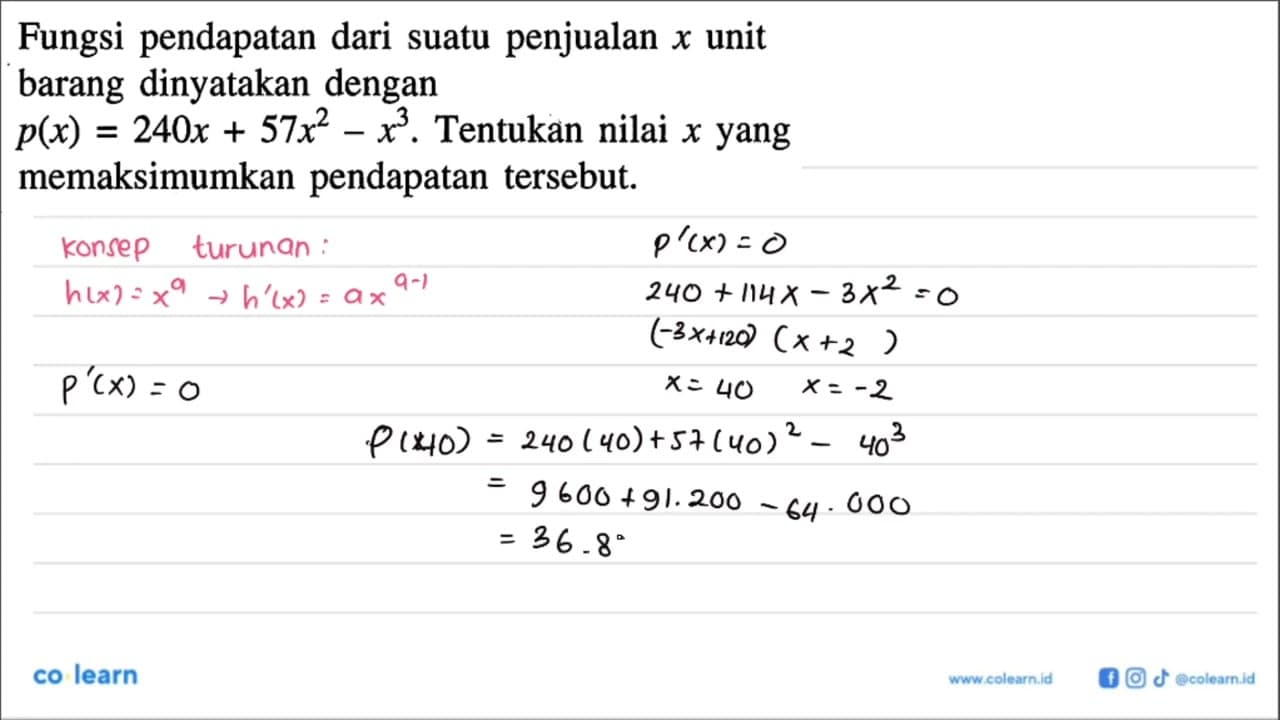 Fungsi pendapatan dari suatu penjualan x unit barang