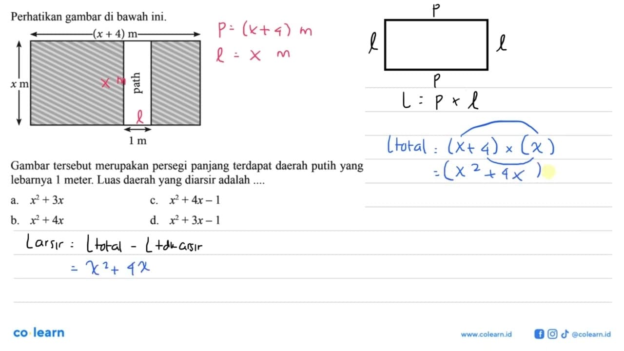 Perhatikan gambar di bawah ini. (x+4) m x m path 1 m Gambar