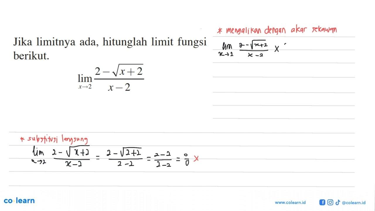 Jika limitnya ada, hitunglah limit fungsi berikut.lim x->2