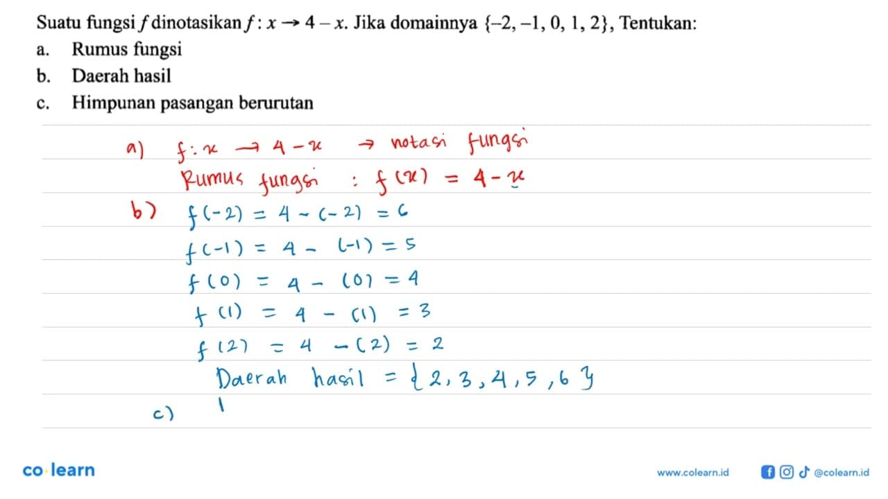 Suatu fungsi f dinotasikan f : x -> -x. Jika domainnya {-2,