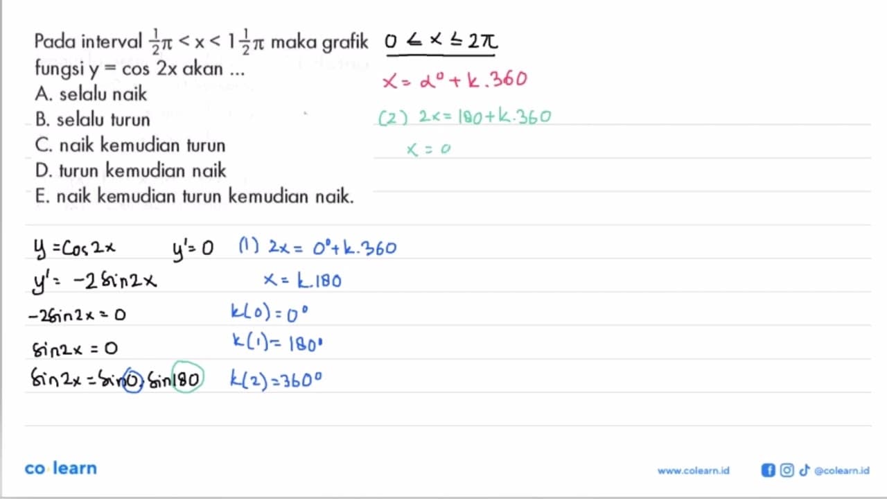 Pada interval 1/2 pi<x<1 1/2 pi maka grafik fungsi y=cos 2x