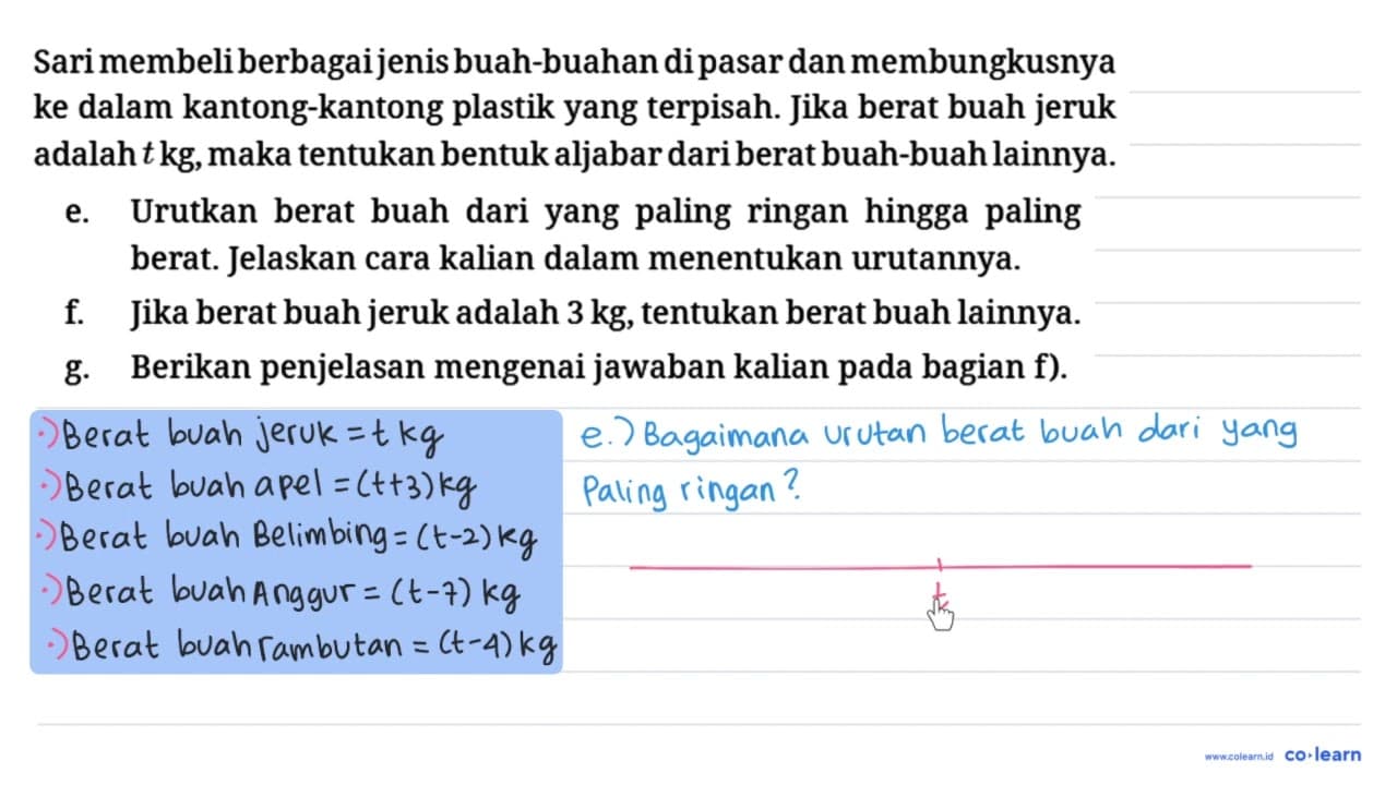 Sari membeli berbagai jenis buah-buahan di pasar dan