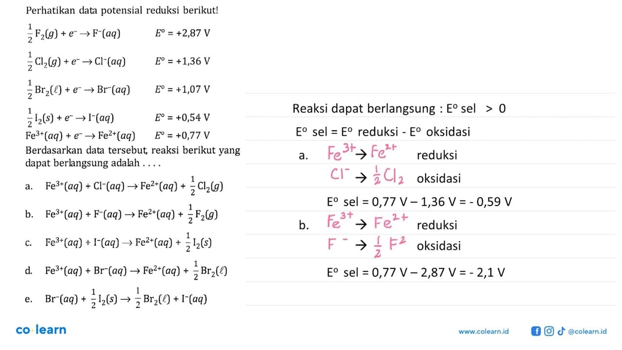 Perhatikan data potensial reduksi berikut! 1/2 F2 (g) + e^-