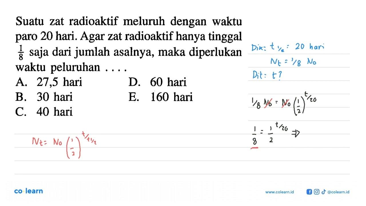 Suatu zat radioaktif meluruh dengan waktu paro 20 hari.