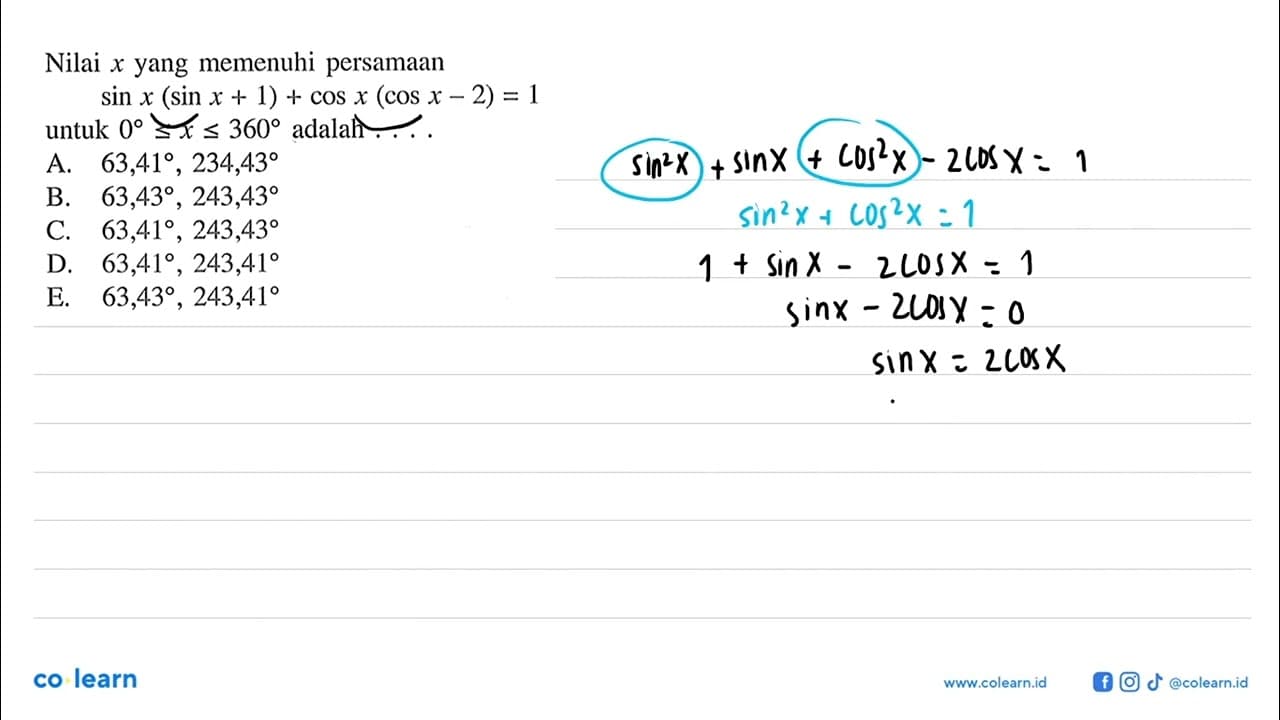 Nilai x yang memenuhi persamaan sin x(sin x+1)+cos x (cos