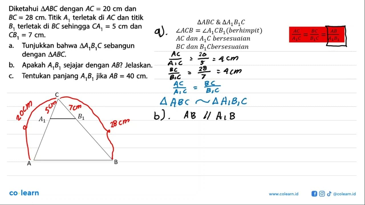 Diketahui segitiga ABC dengan AC=20 cm dan BC=28 cm. Titik