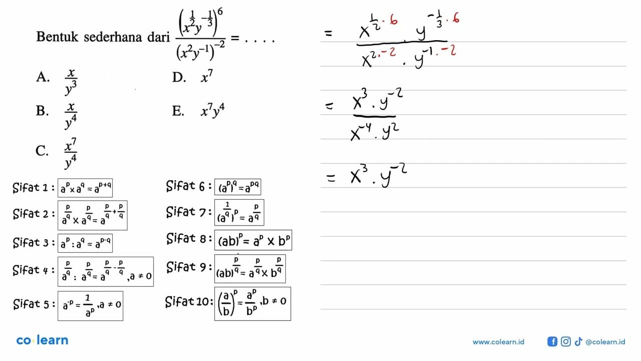 Bentuk sederhana dari ((x^(1/2) y^(-1/3))^6)/((x^2