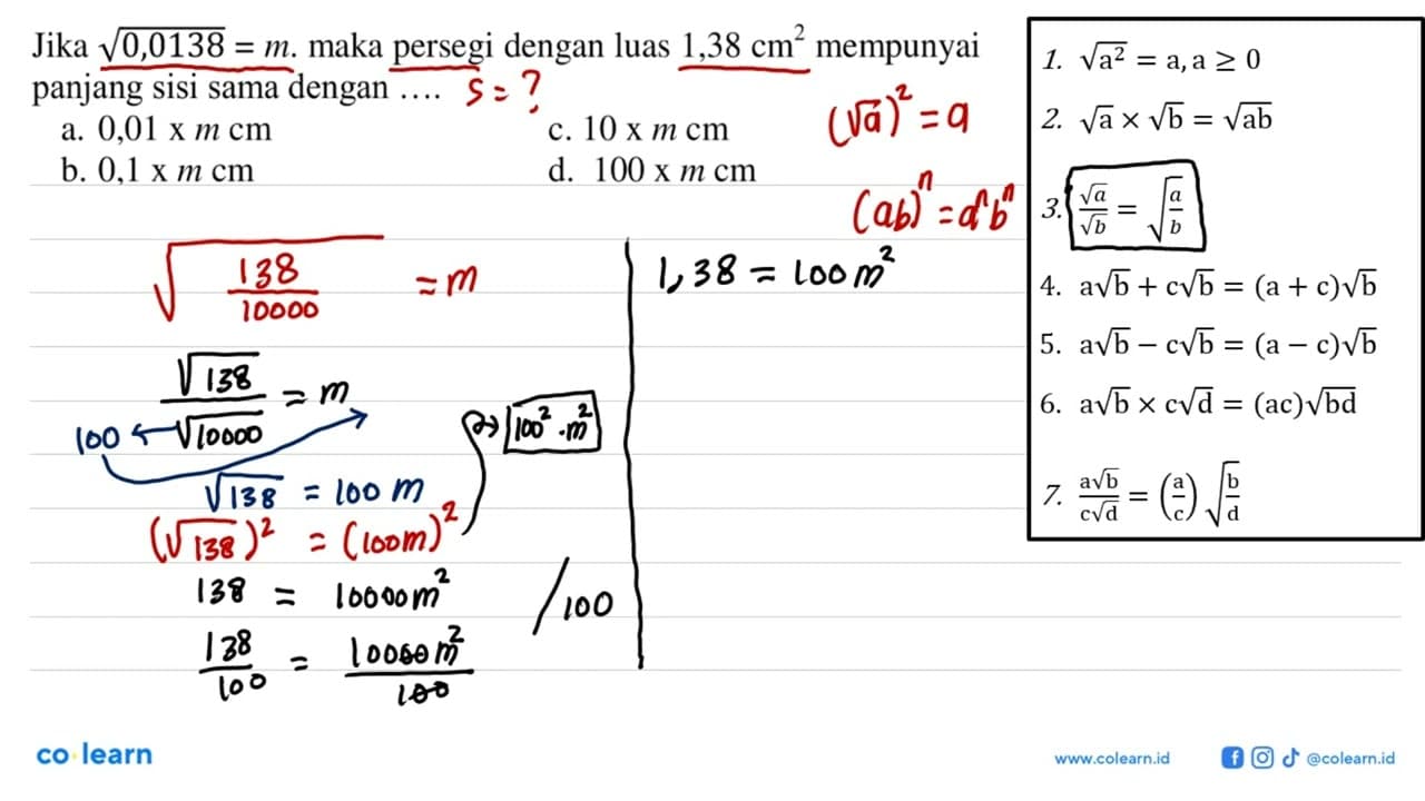 Jika akar(0,0138)=m. maka persegi dengan luas 1,38 cm^2