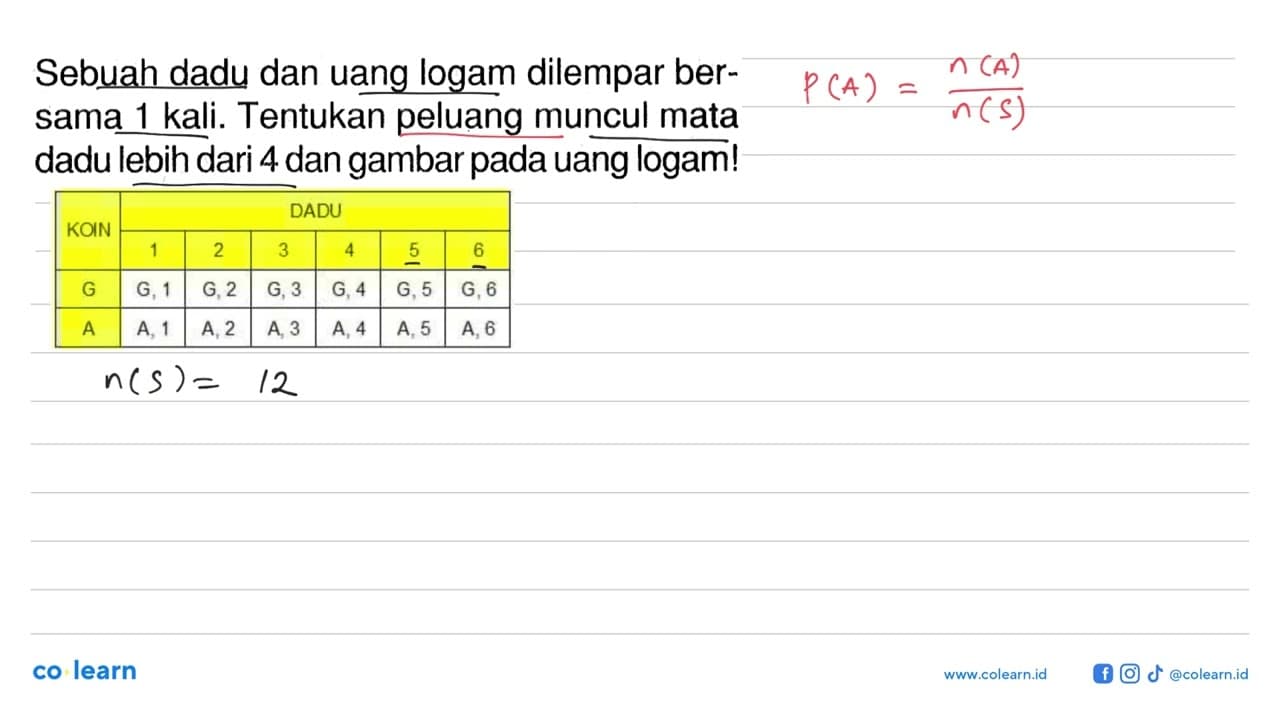 Sebuah dadu dan uang logam dilempar bersama 1 kali.