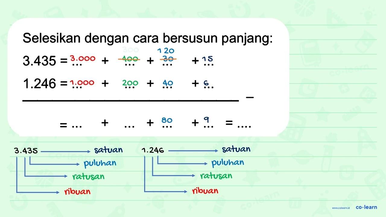 Selesikan dengan cara bersusun panjang: 3.435 = ... + ... +