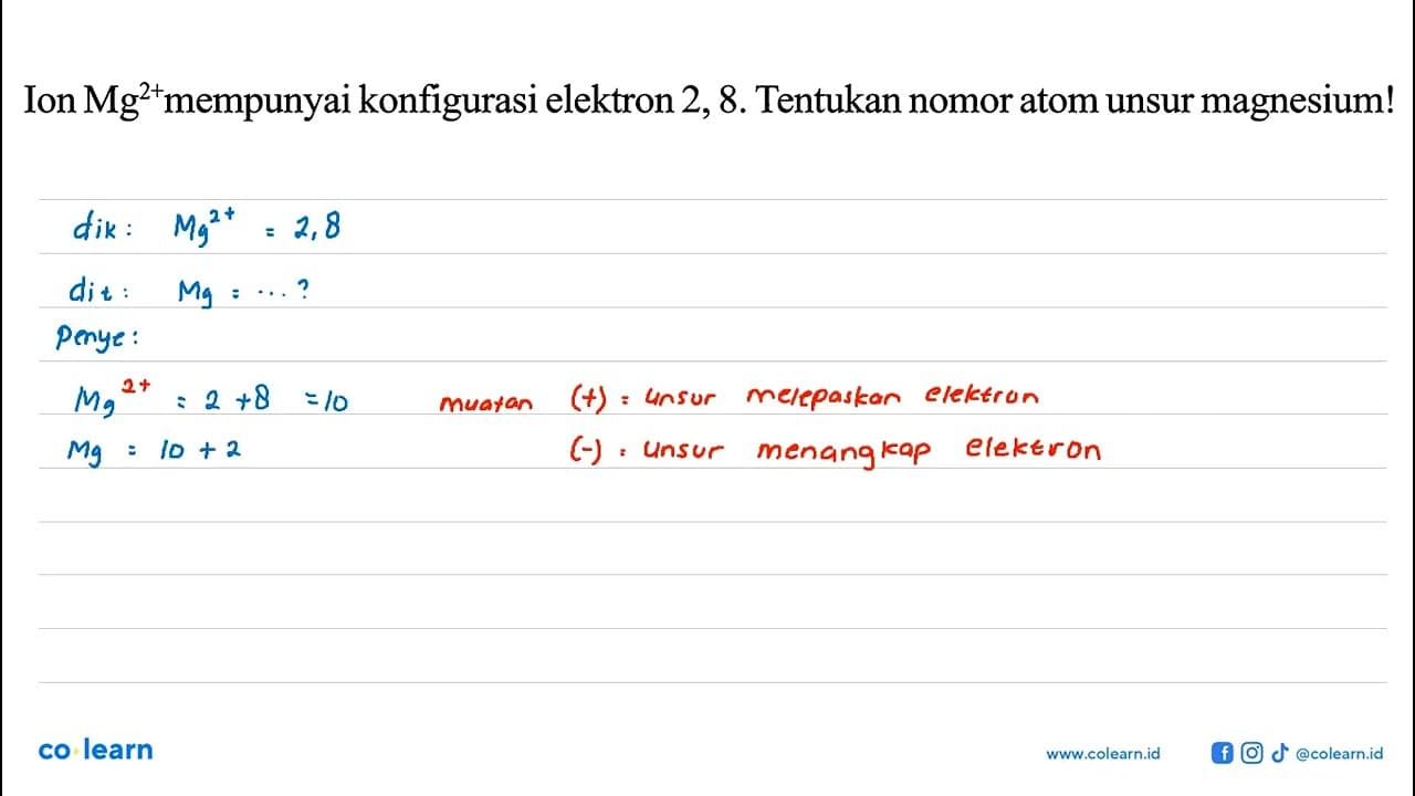 Ion Mg^(2+) mempunyai konfigurasi elektron 2, 8. Tentukan