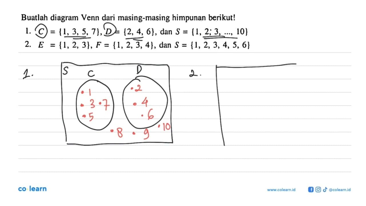 Buatlah diagram Venn dari masing-masing himpunan berikut!