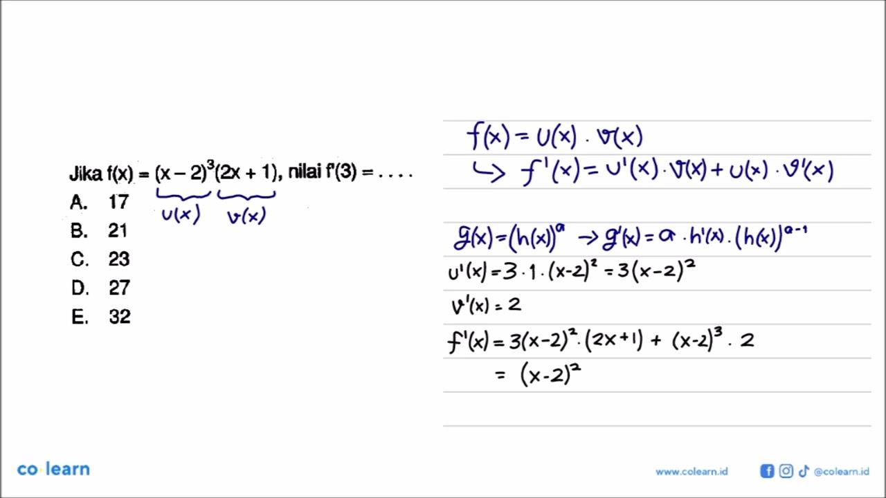 Jika f(x) = (x-2)^3(2 x+1), nilai f'(3)=...