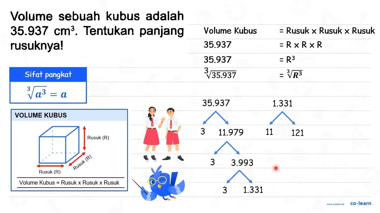 Volume sebuah kubus adalah 35.937 cm^(3) . Tentukan panjang