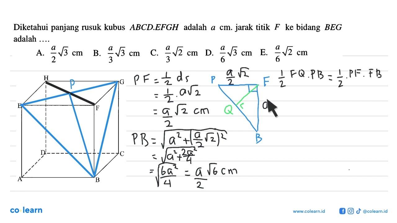 Diketahui panjang rusuk kubus ABCD.EFGH adalah a cm. jarak