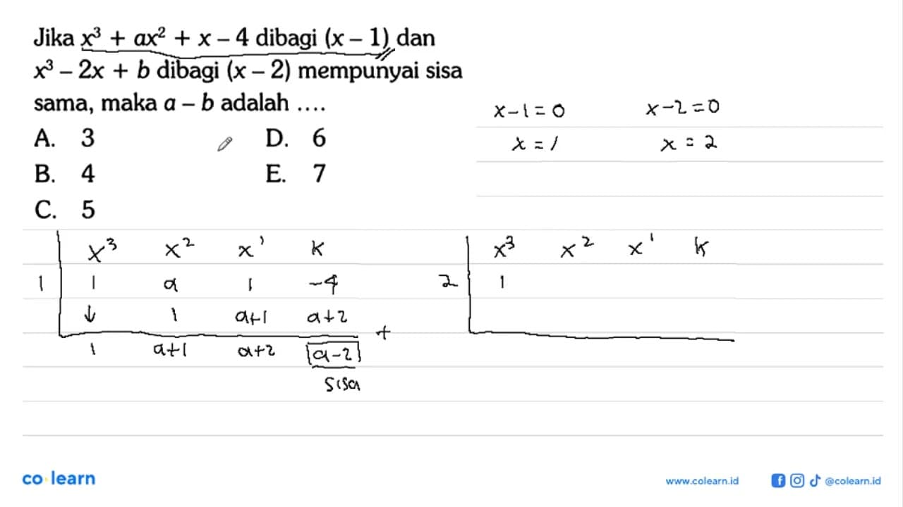 Jika x^3+ax^2+x-4 dibagi (x-1) dan x^3-2x+b dibagi (x-2)