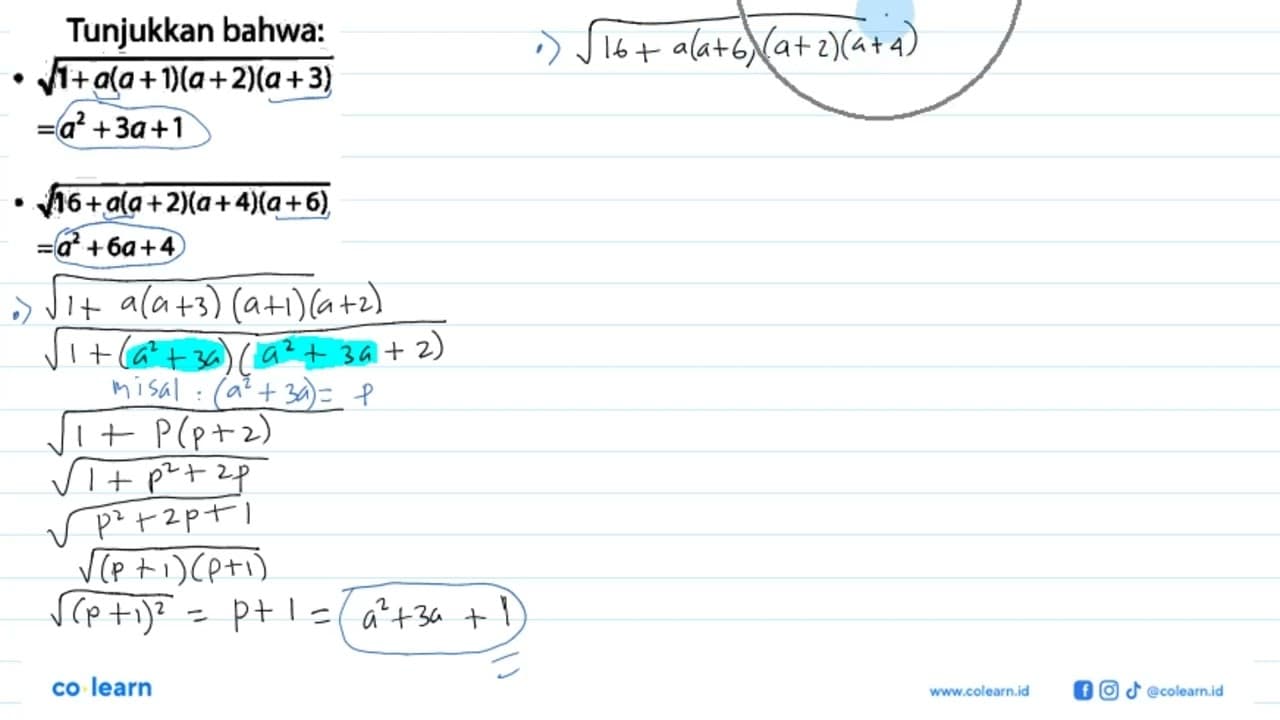 Tunjukkan bahwa: akar(1+a(a+1)(a+2)(a+3))=a^2+3a+1