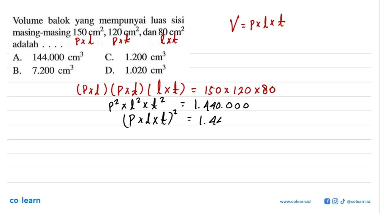 Volume balok yang mempunyai luas sisi masing-masing 150