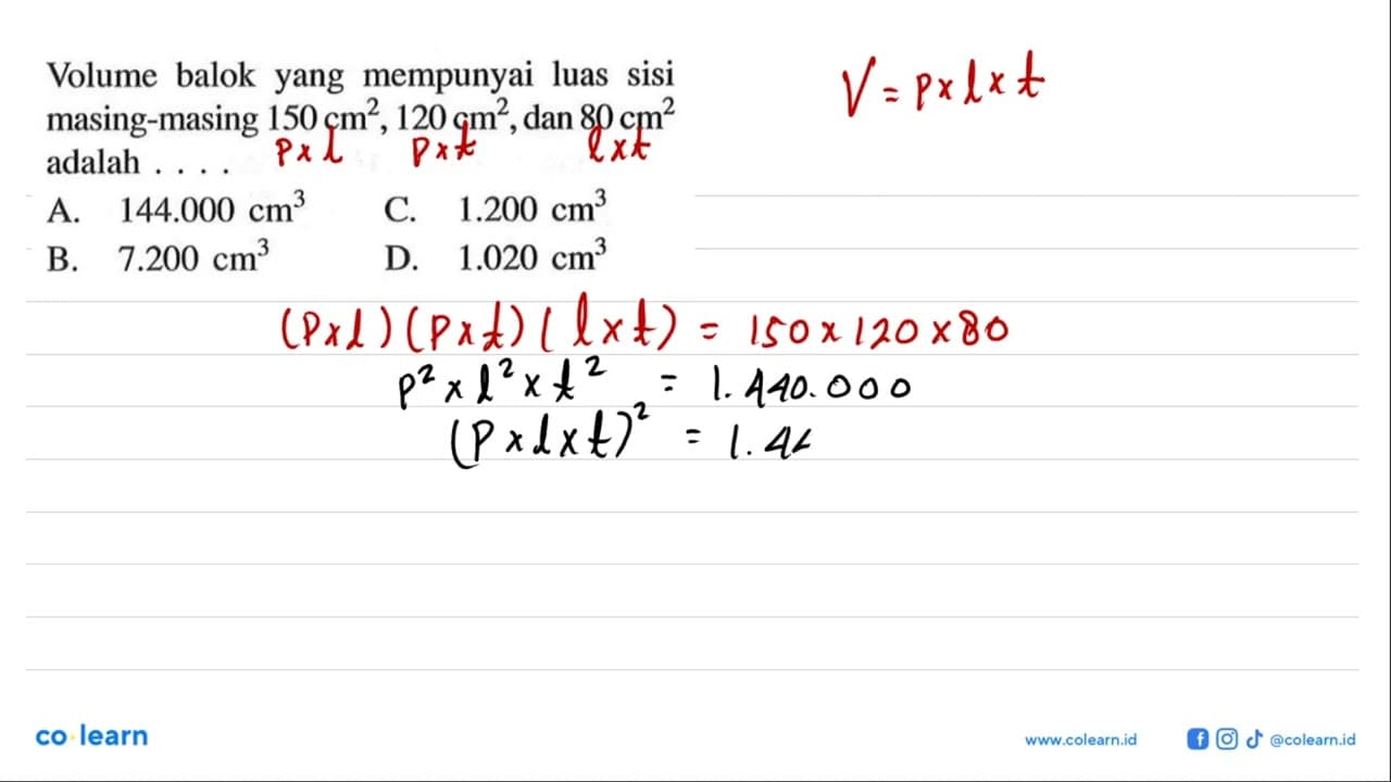 Volume balok yang mempunyai luas sisi masing-masing 150