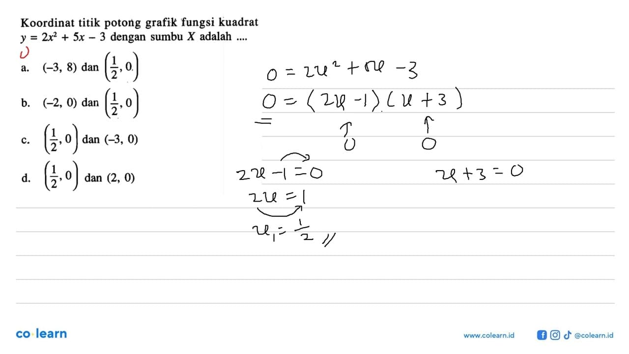 Koordinat titik potong grafik fungsi kuadrat y = 2x^2 + 5x