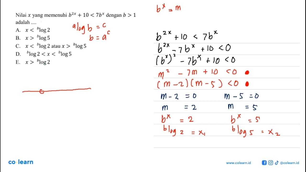 Nilai x yang memenuhi b^(2x) + 10 < 7b^x dengan b > 1