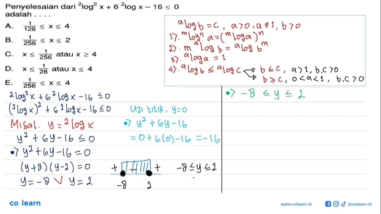 Penyelesaian dari (2 log x)^2+6 2 log x-16 <= 0 adalah ....