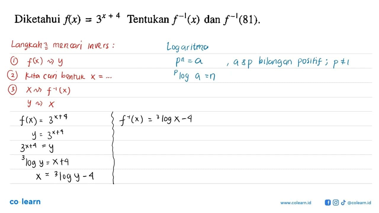 Diketahui f(x)=3^(x+4) Tentukan f^(-1)(x) dan f^(-1)(81).