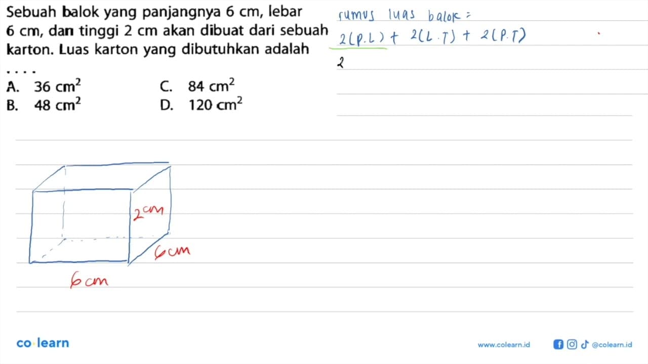 Sebuah balok yang panjangnya 6 cm, lebar 6 cm, dan tinggi 2